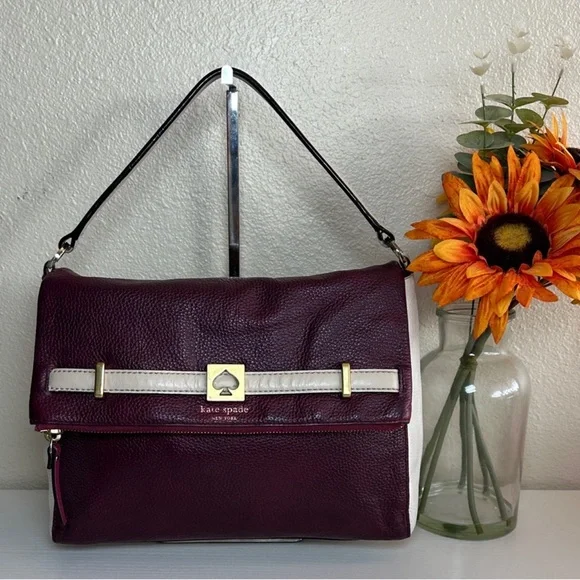 Kate Spade Plum Cream Leather Shoulder Bag Zip Top Flap Gold - Picture 2 of 16